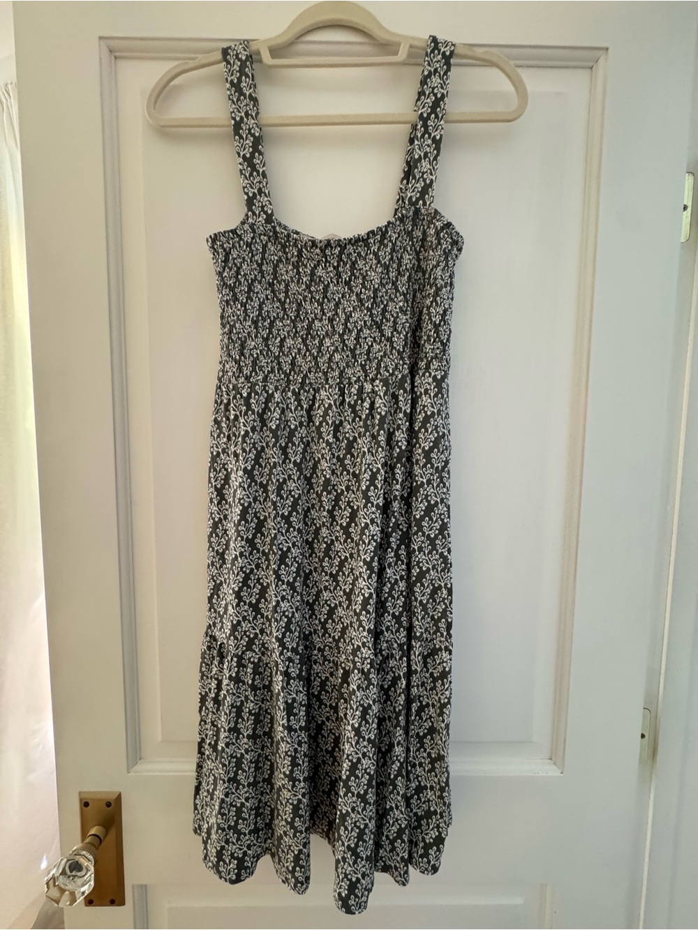 LOFT Black and White Floral Smocked Midi Dress